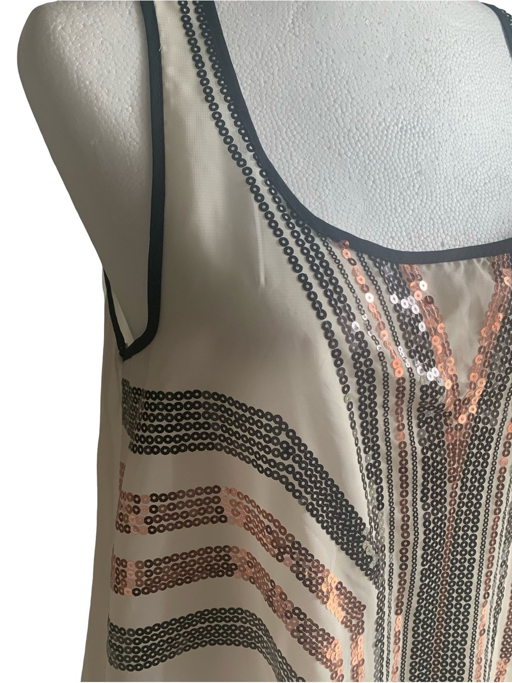 Material Girl Semi Sheer Sequin Tunic Tank Topper Event Party Cream Black S - Picture 7 of 14